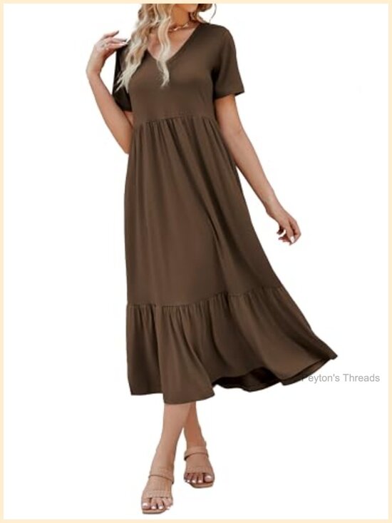 Dresses & Skirts - V Neck Swing Dress Flowy Tiered Maxi Beach Sundress with Pockets